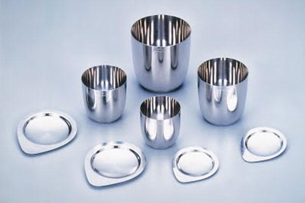 Platinum rhodium (Pt-10%Rh) crucibles in 10 ml, 50 ml, and 100 ml capacity