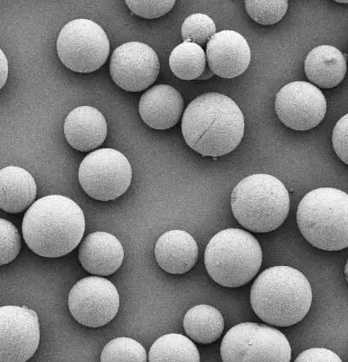 SEM image of hydroxyapatite CaHA microspheres 25-45 microns — sphericity ≥0.95, smooth surface for injectable dermal filler neocollagenesis