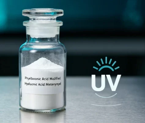 HAMA-PBA phenylboronic acid-modified hyaluronic acid methacryloyl powder in glass vial with molecular model and UV symbol, dual-functional smart hydrogel precursor for glucose-responsive insulin delivery and diabetic wound healing