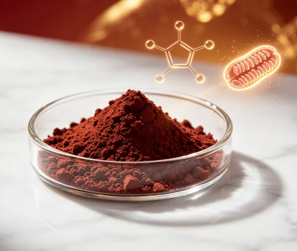 pyrroloquinoline quinone (PQQ) powder, CAS 72909-34-3, ≥99% purity, fermented, vegan, non-GMO. Deep red-brown crystalline mitochondrial biogenesis coenzyme activating PGC-1α for anti-aging skincare and nutraceuticals