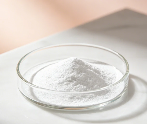 Sodium acetylated hyaluronate (AcHA) powder in petri dish, amphiphilic hyaluronic acid derivative cosmetic ingredient for skin barrier repair and anti-aging